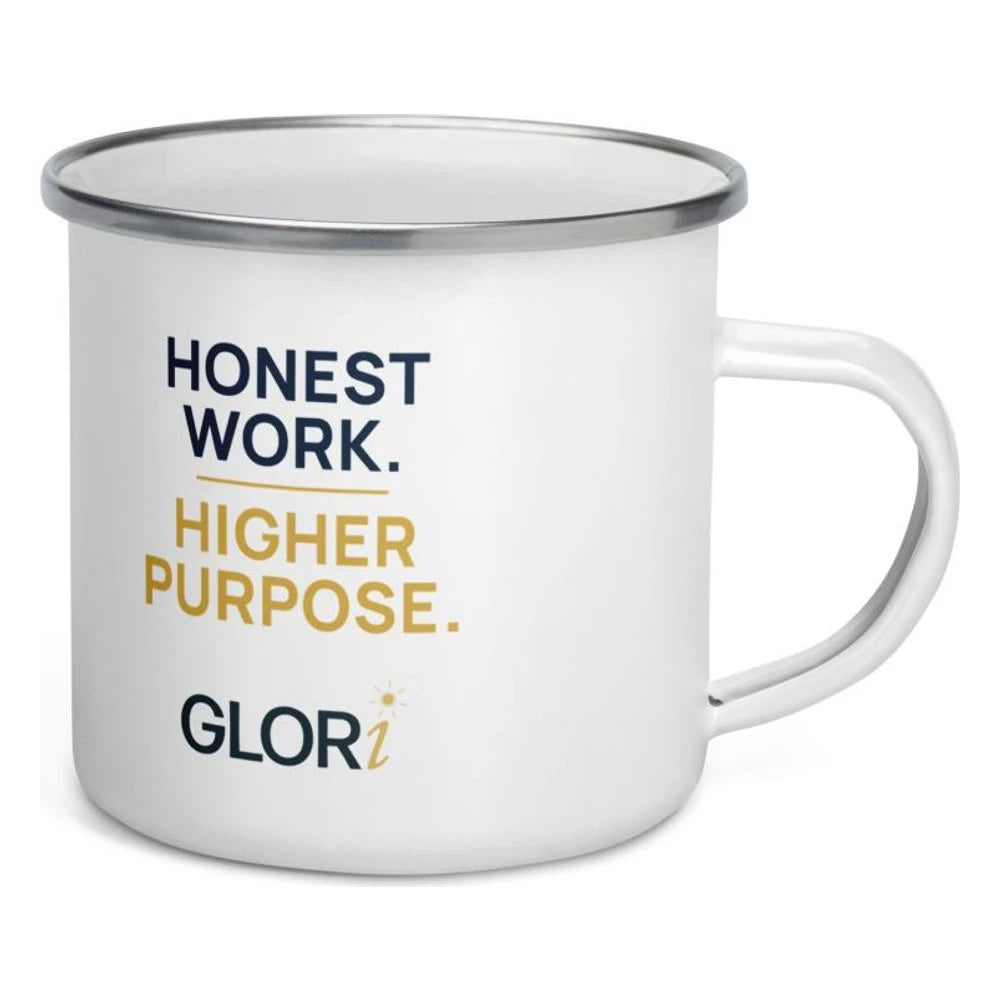 Enamel Camp Mug — Honest Work. Higher Purpose. — White
