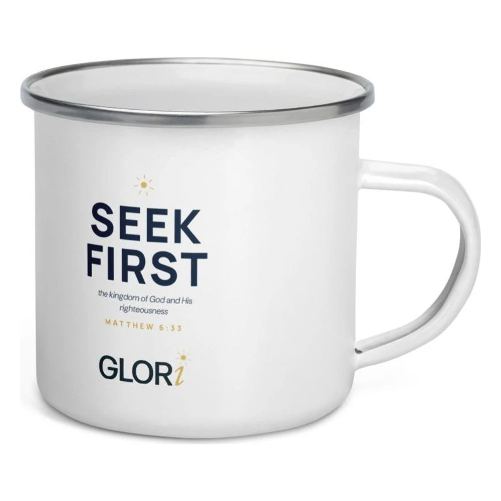 Enamel Camp Mug — Seek First — White