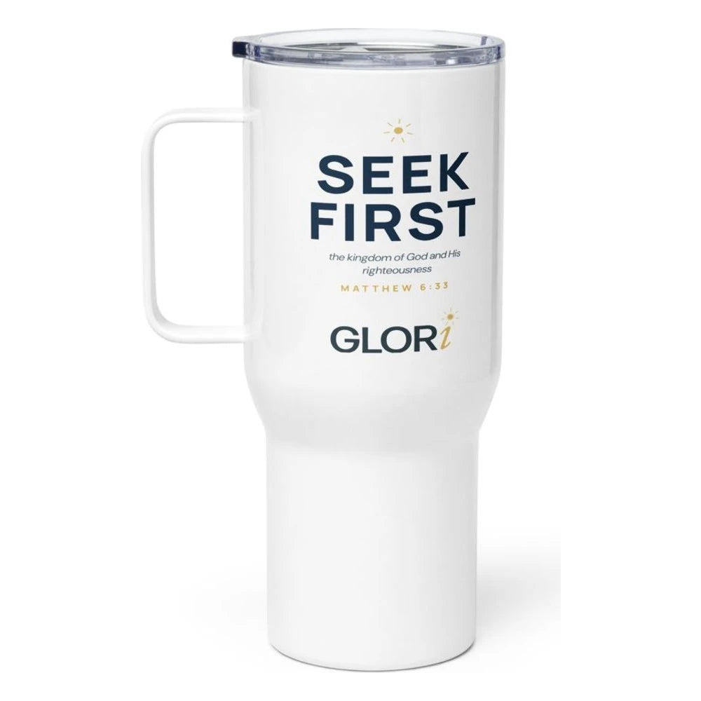 Travel Mug — Seek First — White