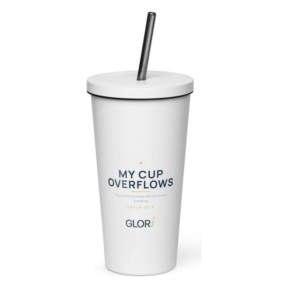 Insulated Tumbler, 20 oz — My Cup Overflows — White