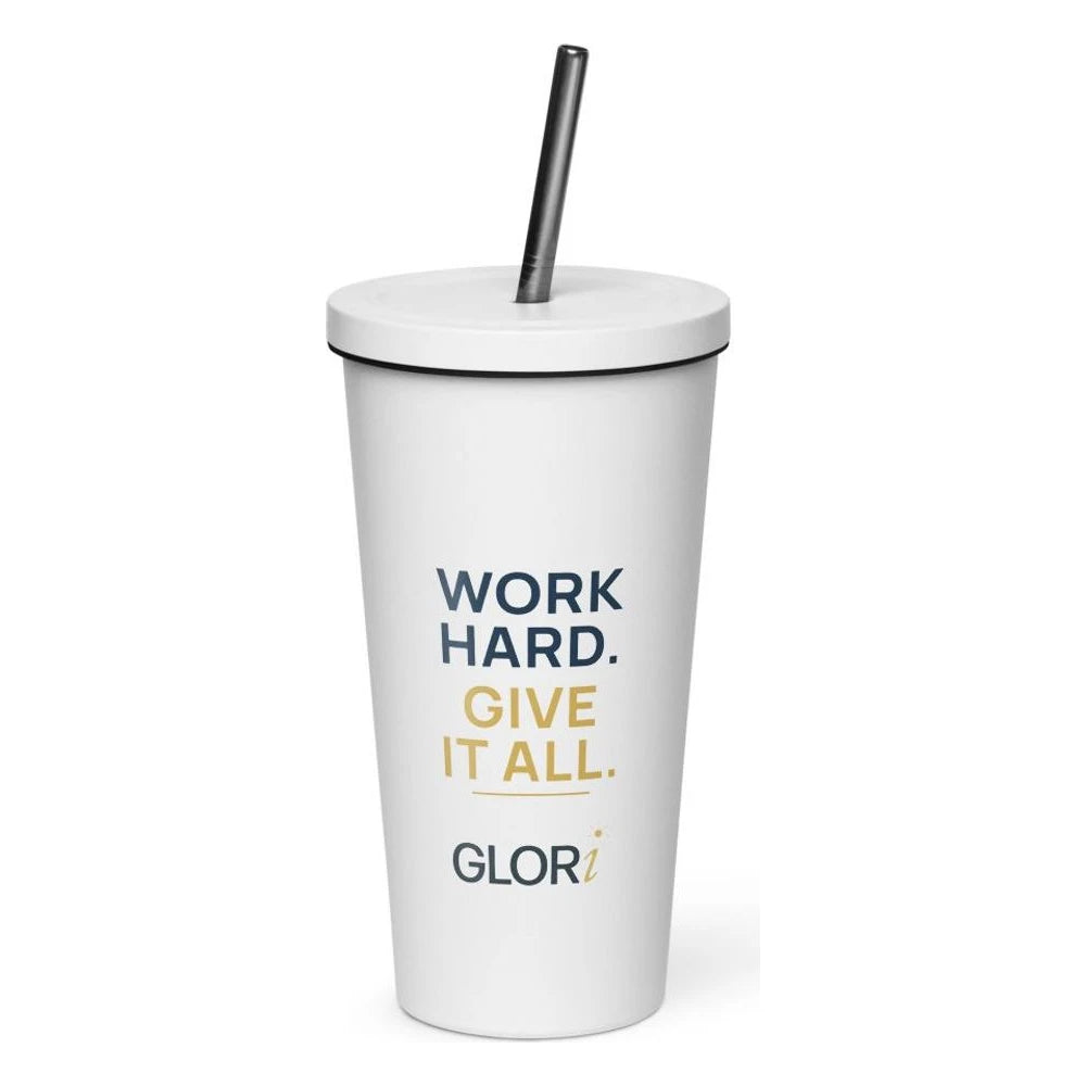 Insulated Tumbler, 20 oz — Work Hard. Give It All. — White